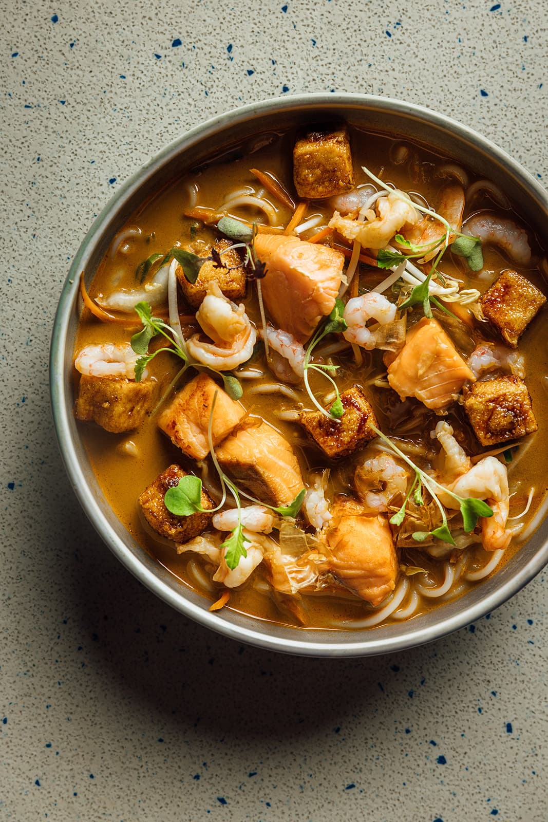 Noodle bowl with salmon, prawns and tofu